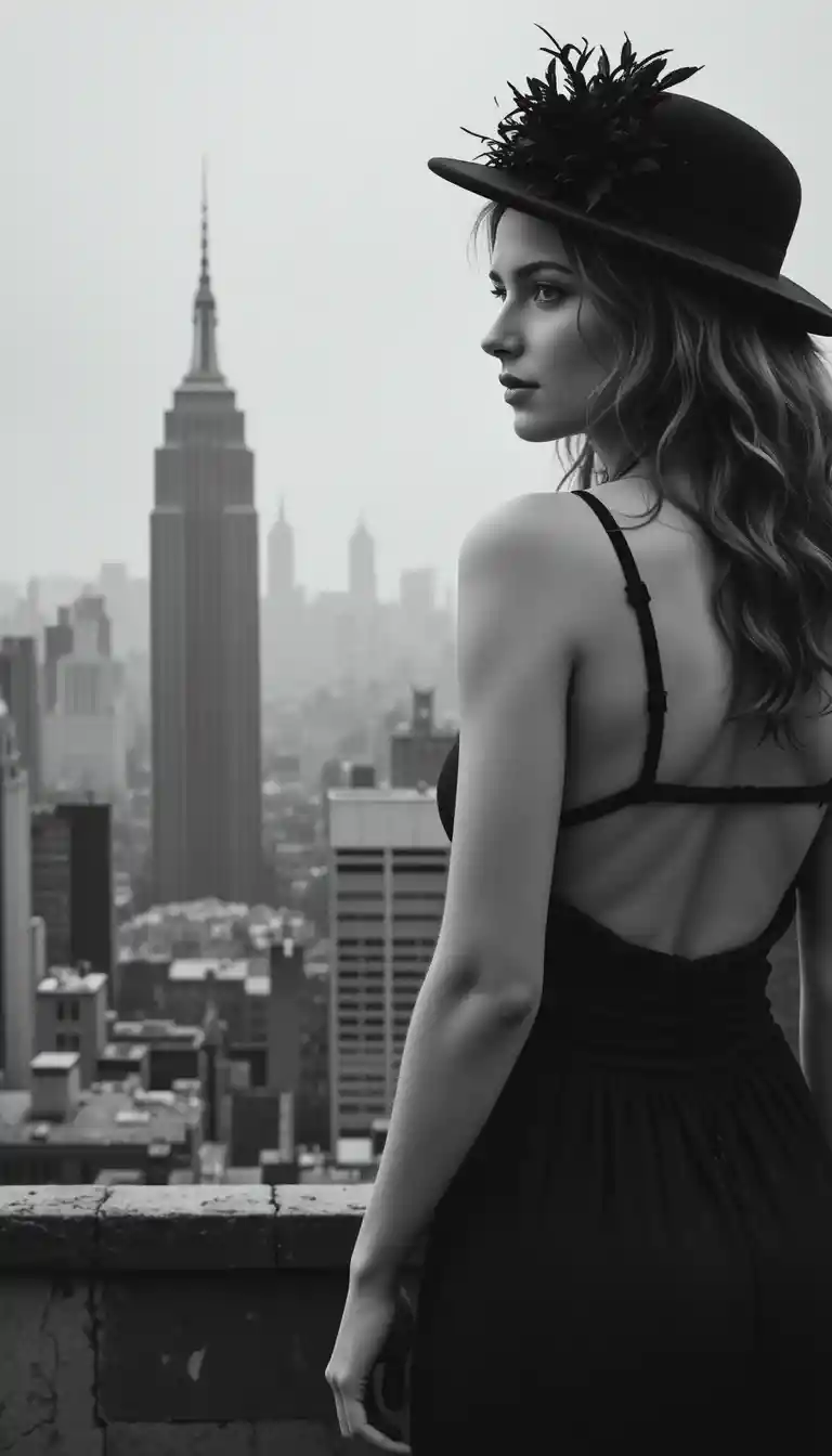 Femme rousse de profil sur un toit brumeux à New York