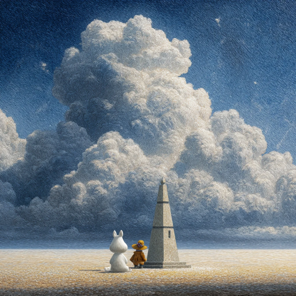 Surreal cartoon creature walking through a cathedral of clouds