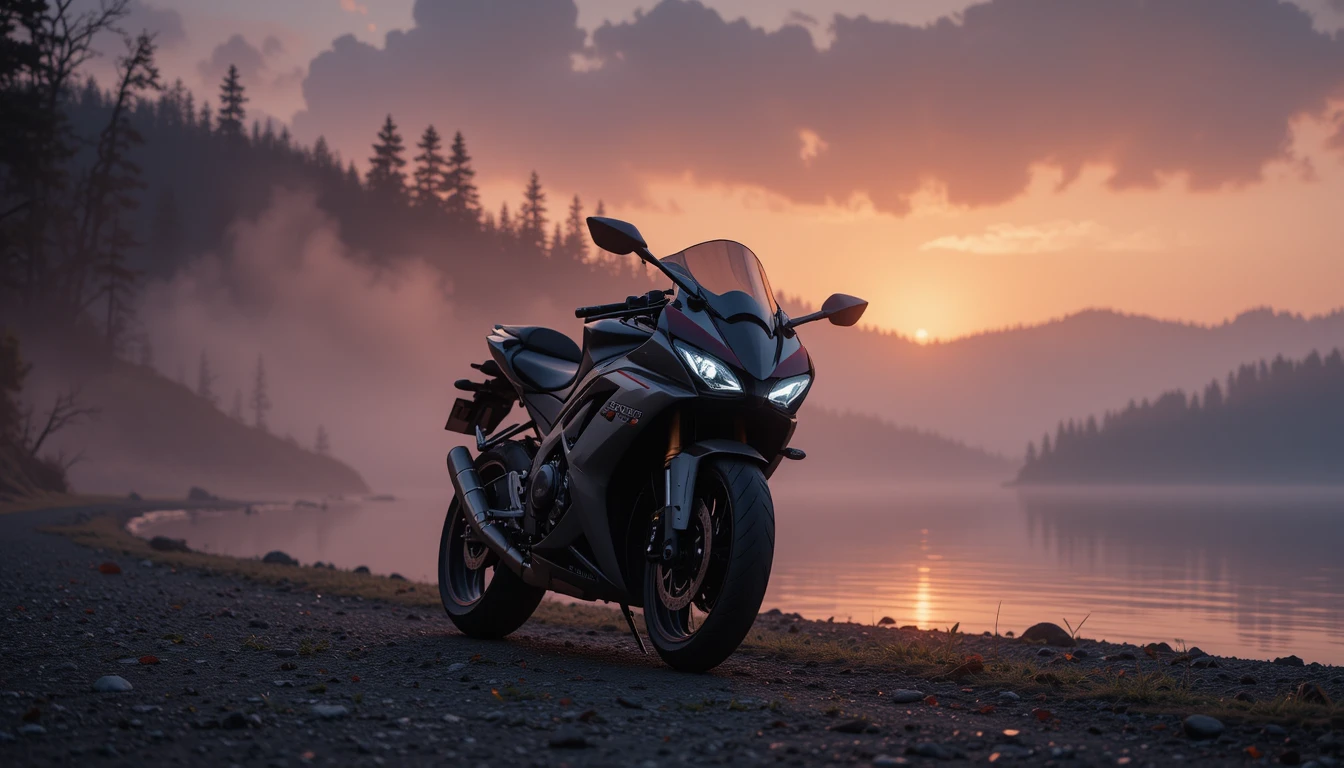 Moto deportiva junto a un lago boscoso y brumoso al atardecer