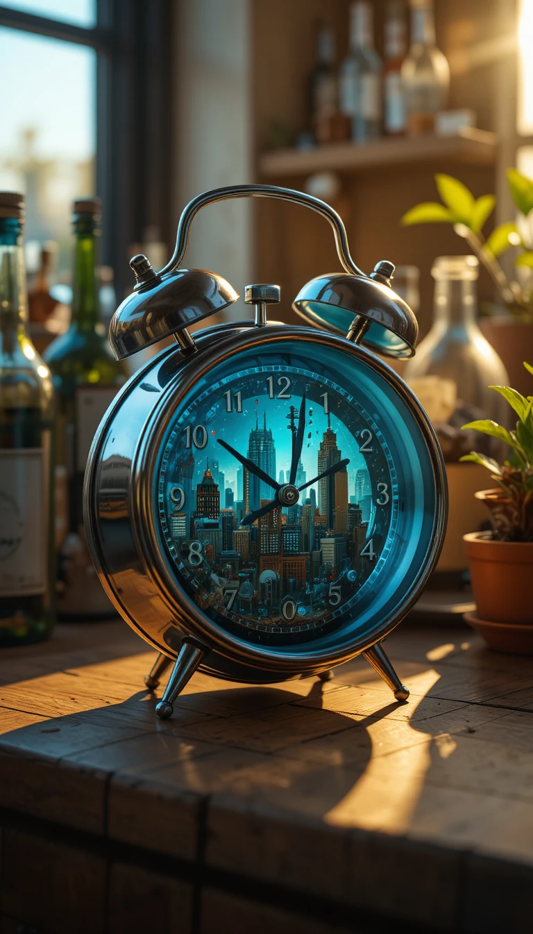 Vintage-Wecker mit blauem Zifferblatt auf Holztisch