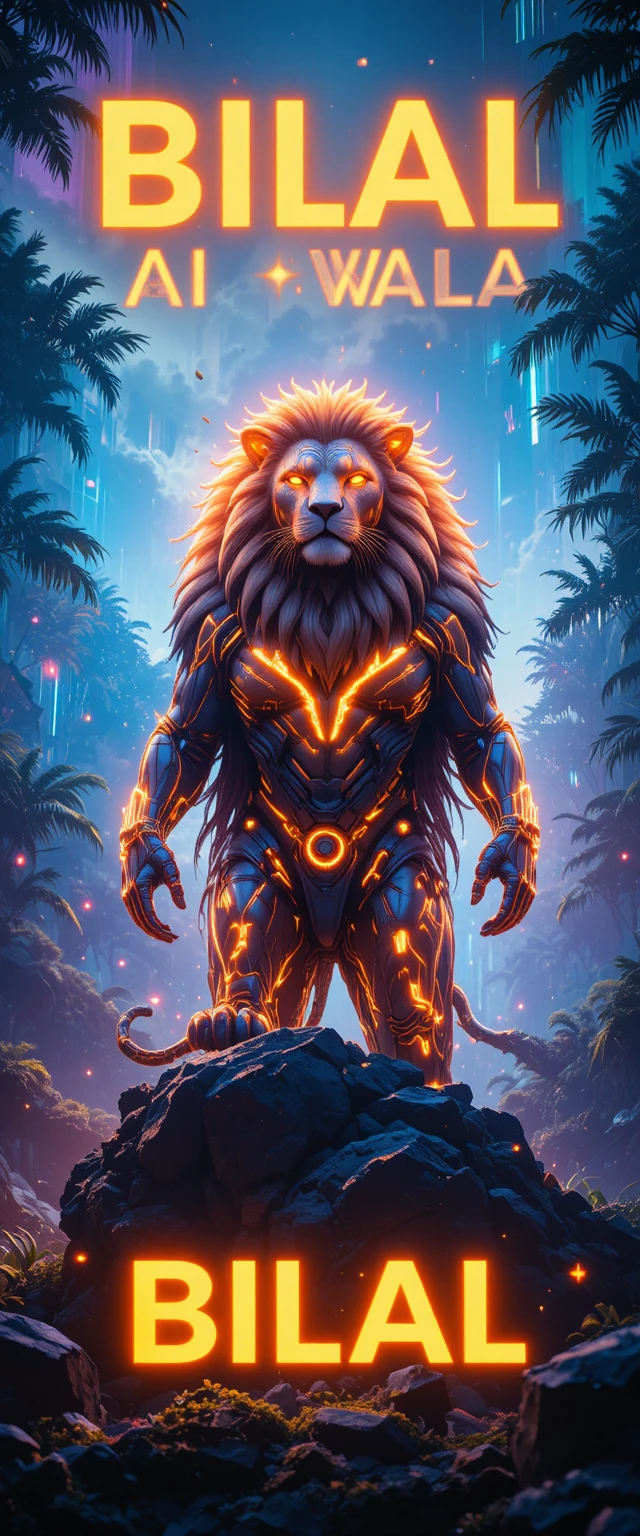 Majestuoso león cibernético sobre una roca en la jungla neón