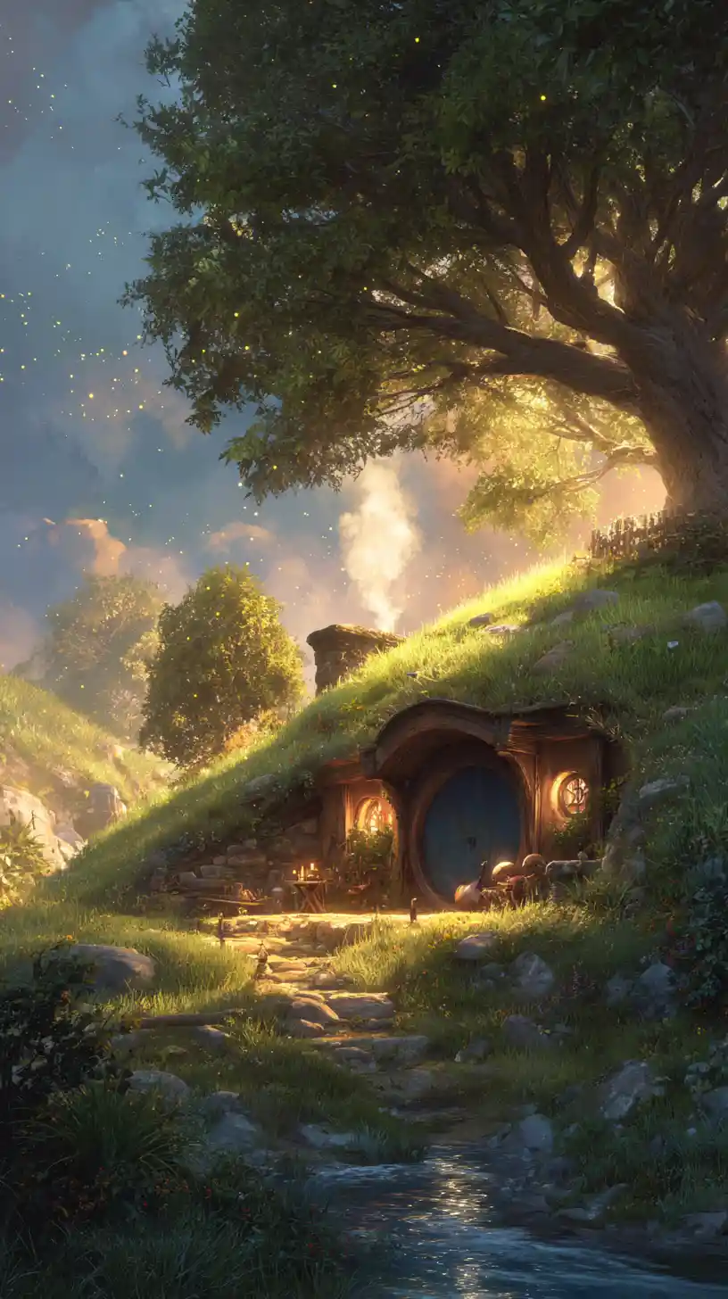 Gemütliches Hobbit-Haus am Bach in friedlicher Dämmerung