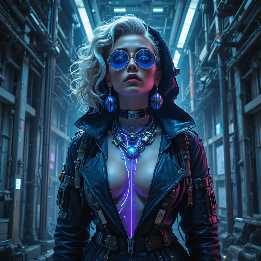 Cyberpunk-Femme-fatale in einem Orbitallift-Schacht