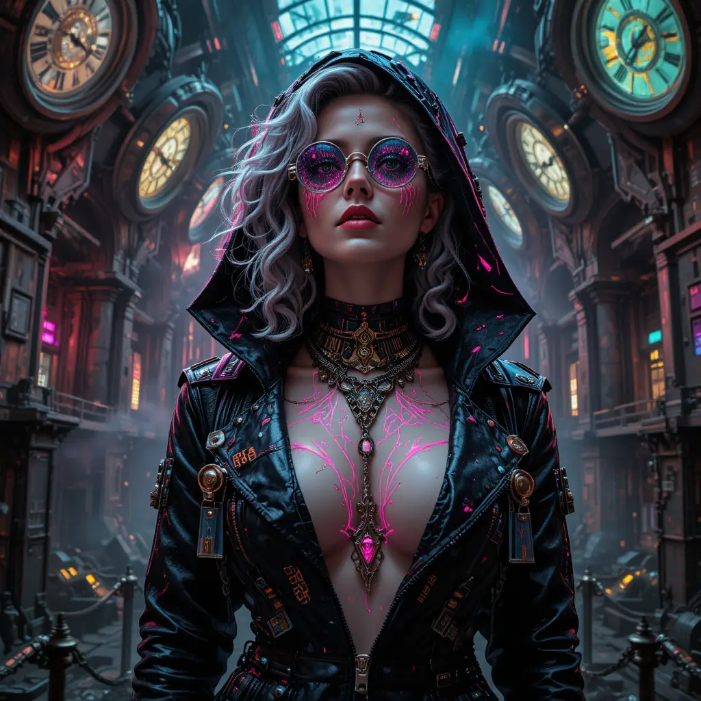 Cyberpunk femme fatale in a shattered time machine hall