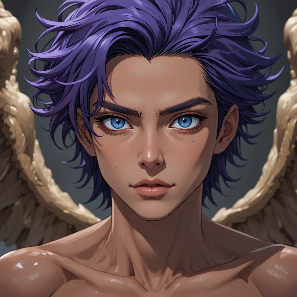 Dunkelhäutiger Anime-Gott mit blauen Augen und Engelsflügeln
