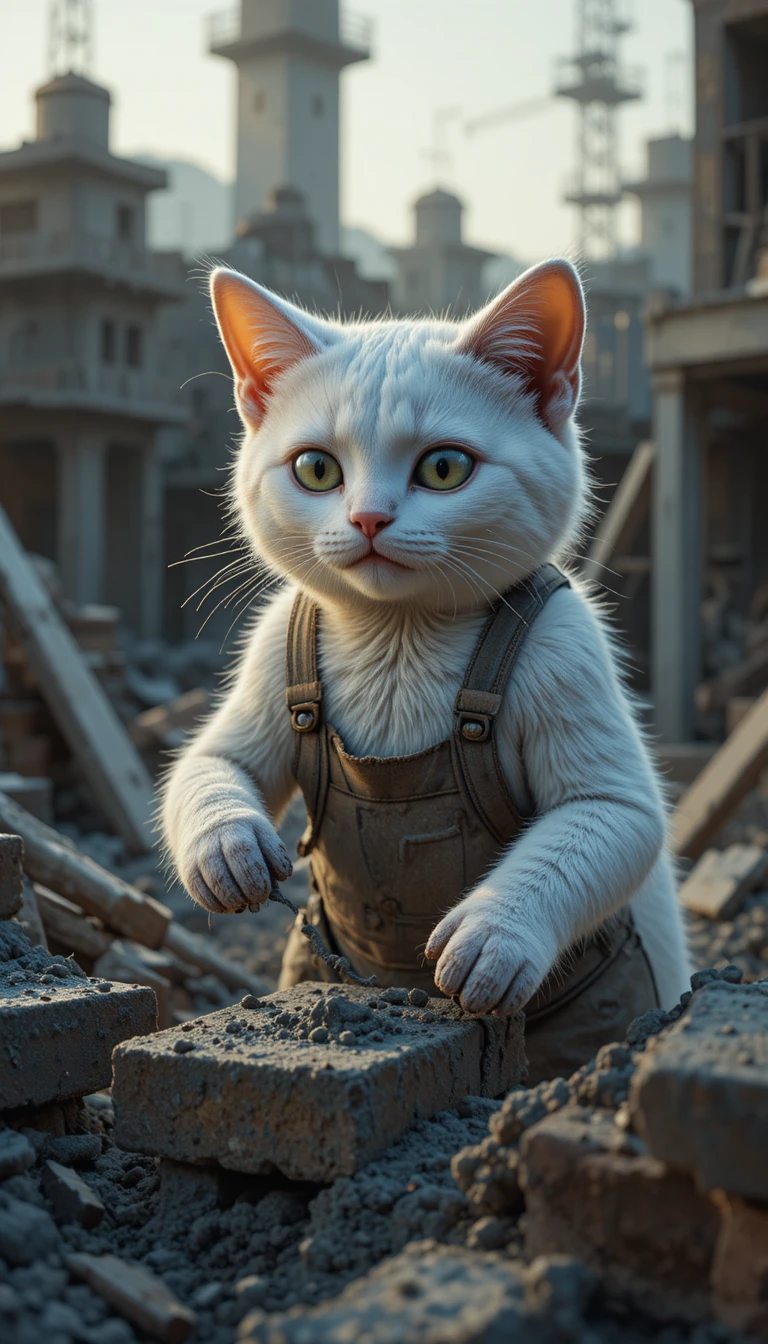 Gato blanco trabajando duro en una obra de construcción muy ocupada