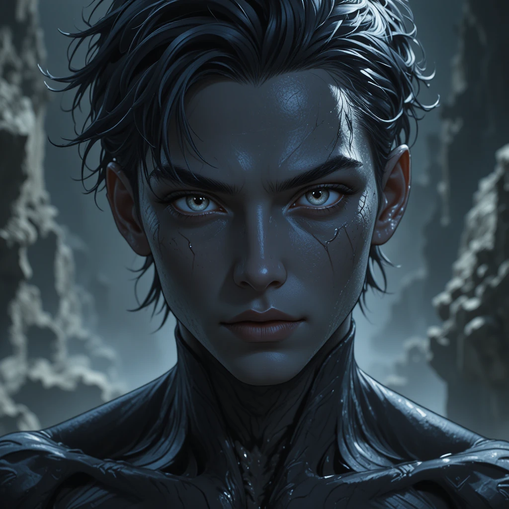 Dark primordial god with black skin and gray eyes