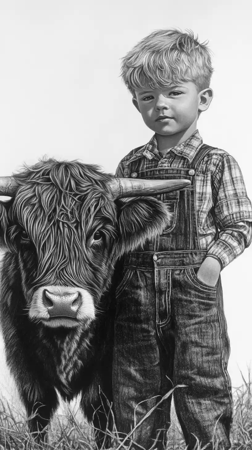 Joven campesino con vaca Highland en dibujo a carbón