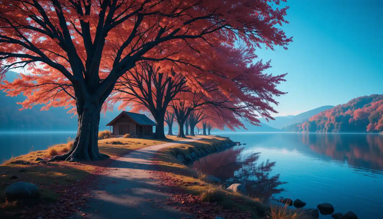 Autumn forest path beside a calm lake and wooden cabin