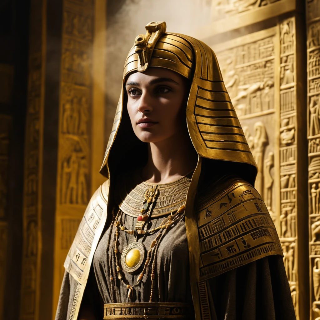 Mystical woman in ancient Egyptian temple holding glowing vessel
