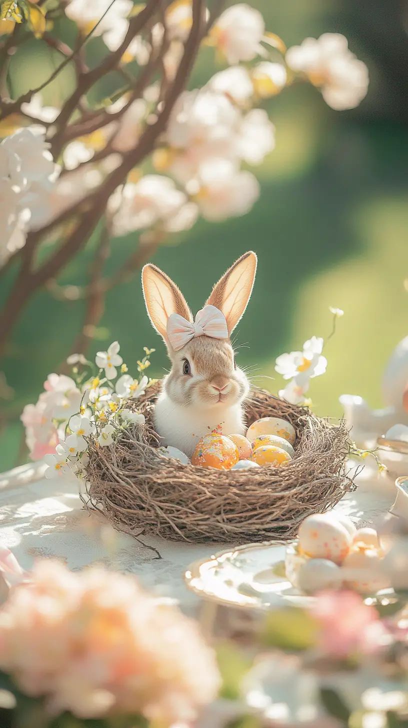 Cute rabbit in a nest at spring easter breakfast