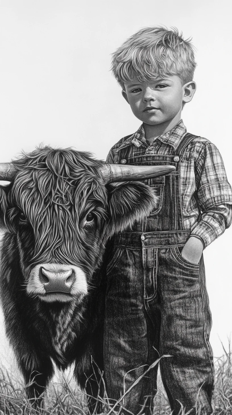 Joven campesino con vaca Highland en dibujo a carbón