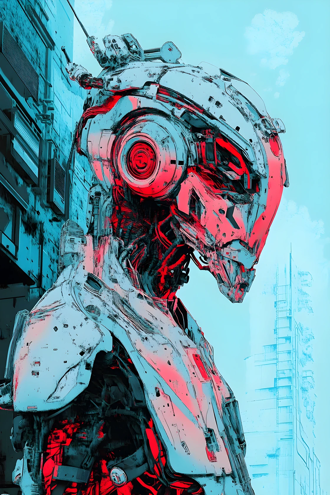 Risograph-Cyborg-Löwe mit unheimlich wechselnden 3D-Silhouetten