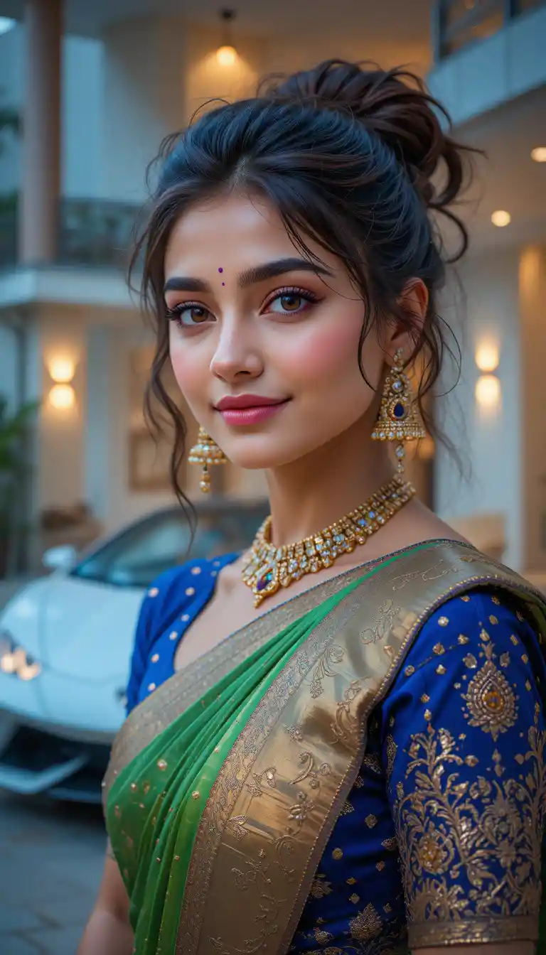 Smiling indian girl in green sari by luxury villa