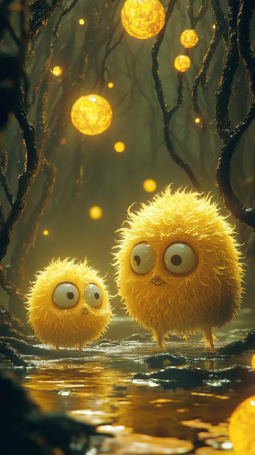 Creatura gialla soffice e triste in una foresta fantasy oscura