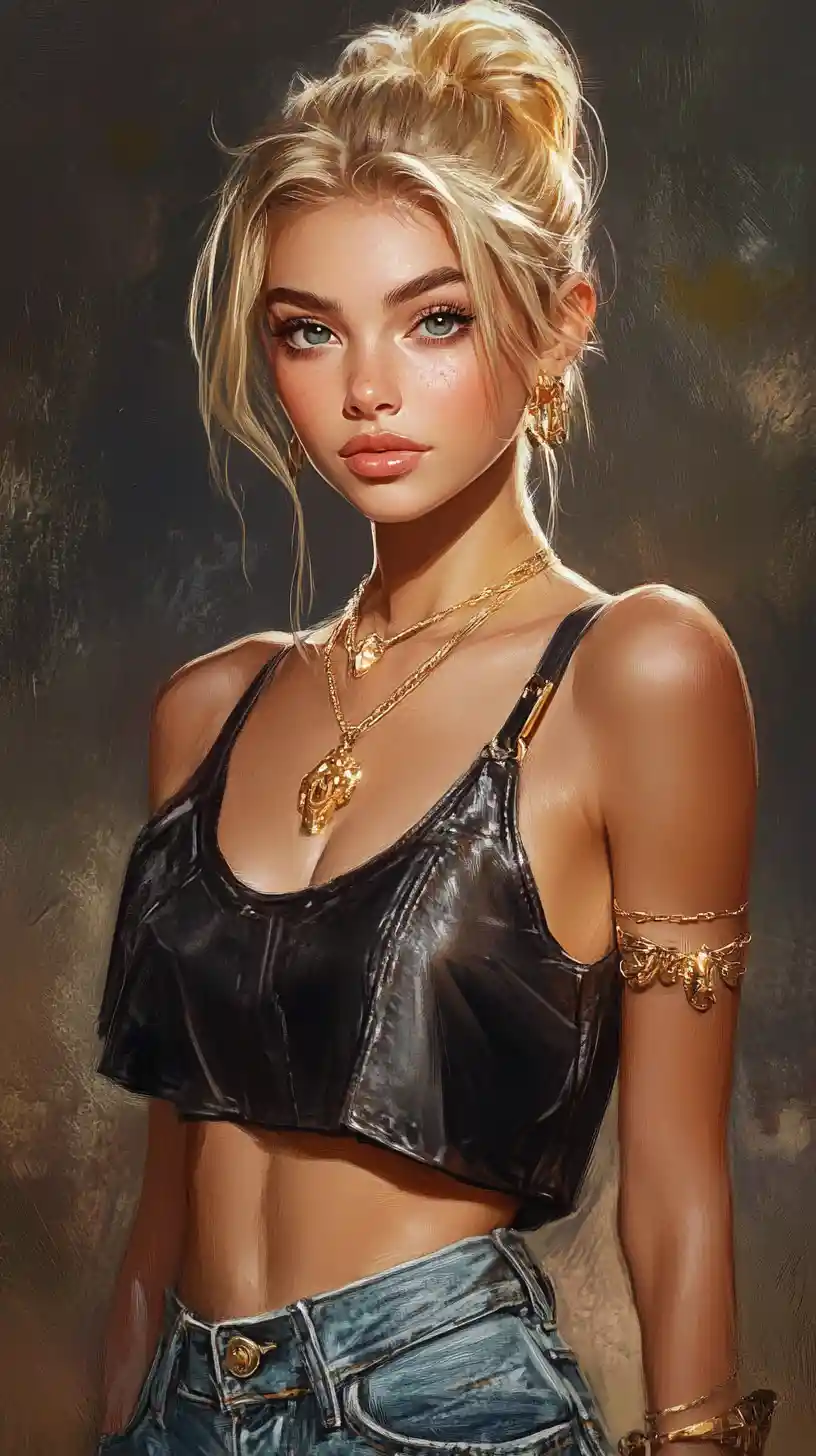 Ragazza bionda allegra con top in pelle e gioielli d’oro