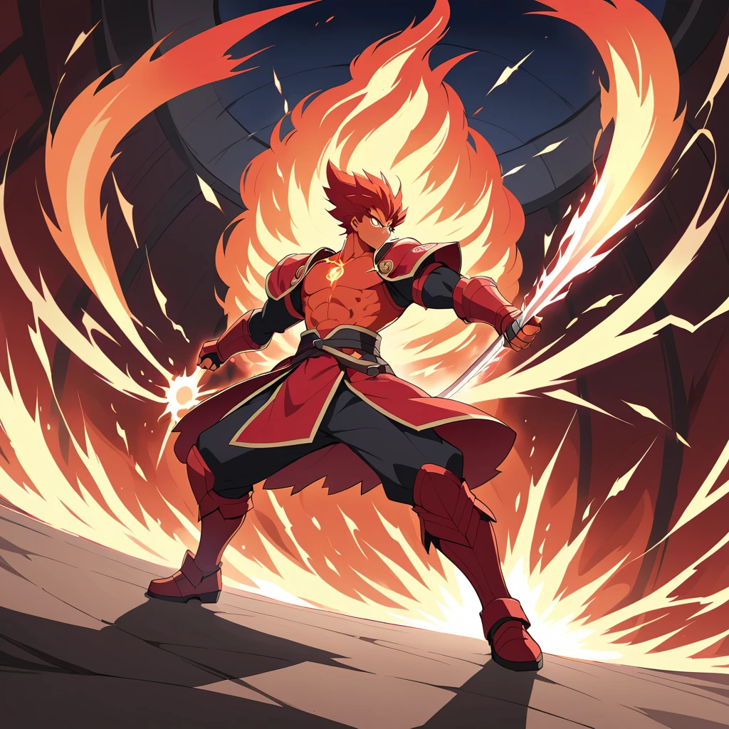 Anime warrior slashing red tentacles in blazing energy dome