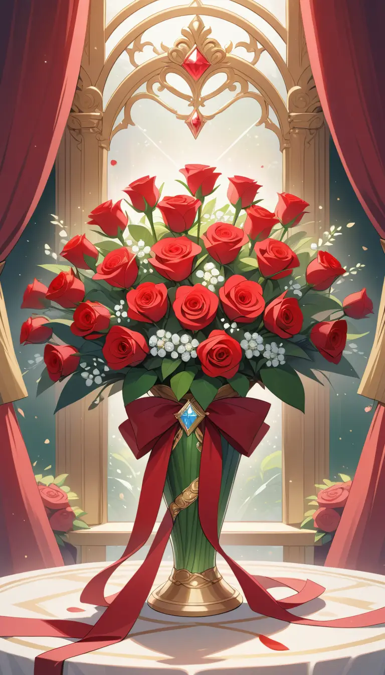 Elegante buquê de rosas vermelhas com detalhes em ouro e diamantes