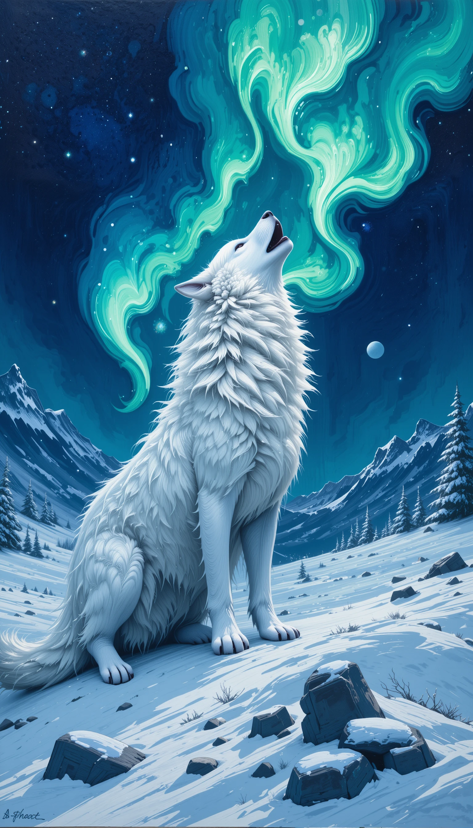 Weißer Wolf heult unter leuchtendem Nordlicht-Himmel