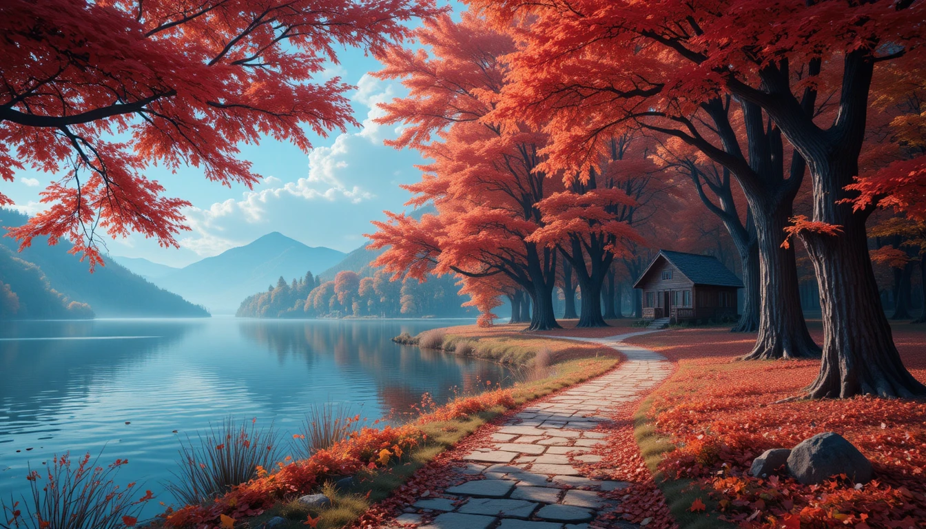Magical autumn forest path by a tranquil reflective lake