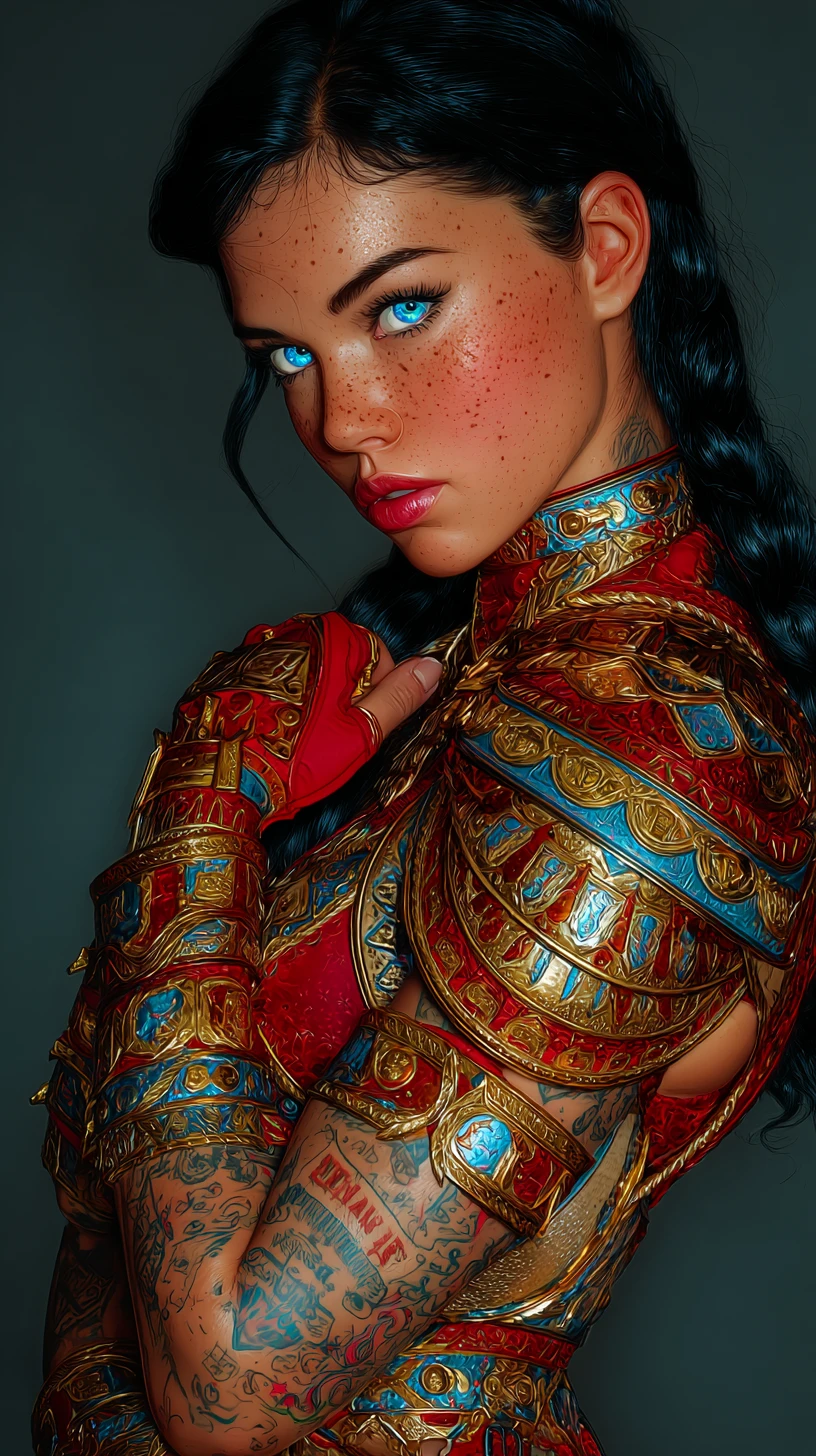 Muscular Arabian warrior woman in golden sci fi armor