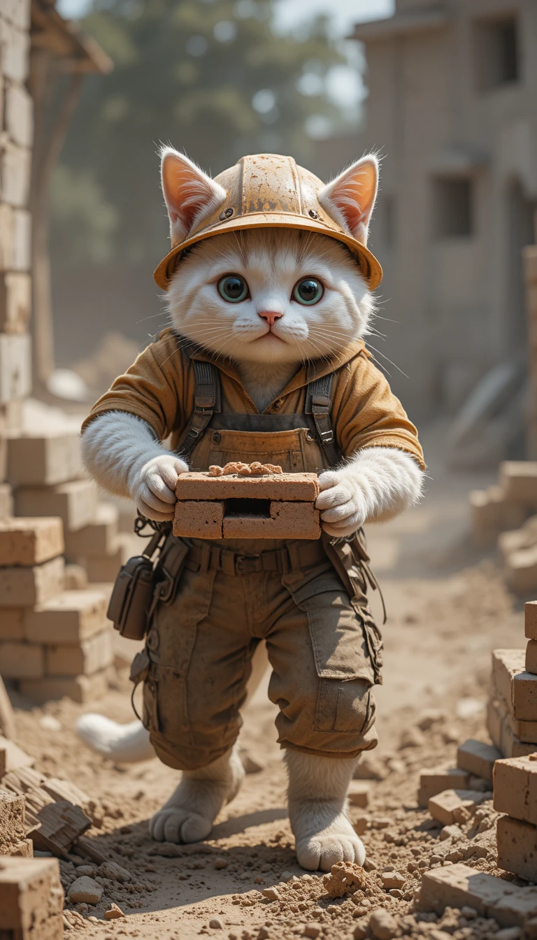 Gatto bianco antropomorfo che trasporta mattoni in un cantiere edile