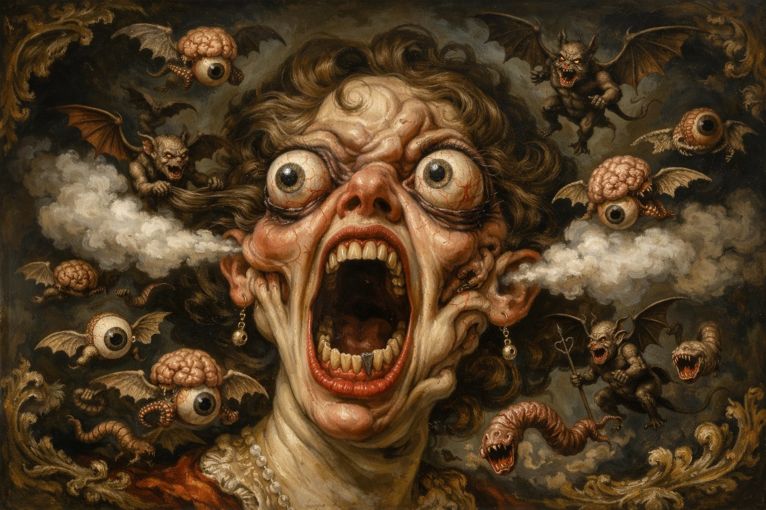 Surreal Distorted Woman Head Surrounded By Demonic Creatures