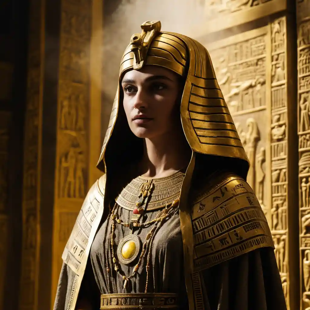 Mystical woman in ancient Egyptian temple holding glowing vessel