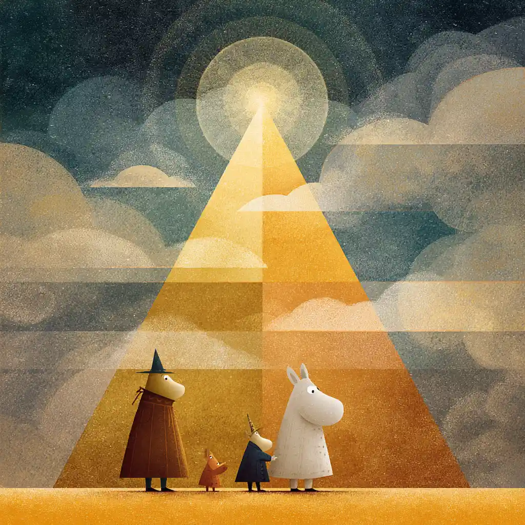 Surreal cartoon figure walking through cathedral like clouds