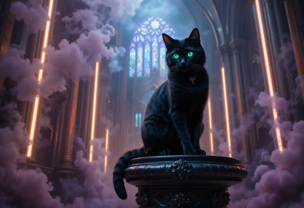 Black cat with emerald eyes in a neon gothic cathedral