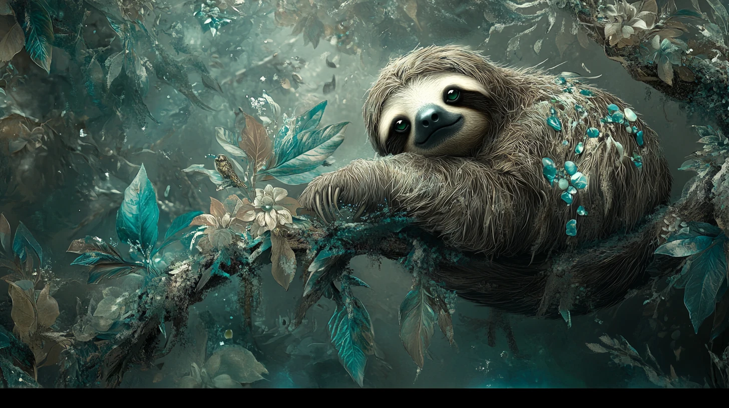 Surreal Sloth Portrait On Tree Branch In Dreamy Tones