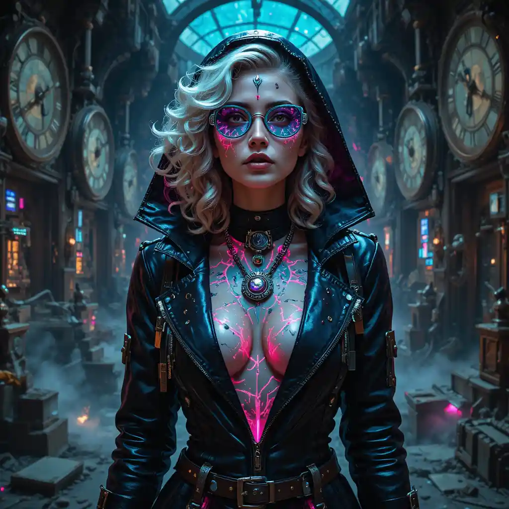 Donna cyberpunk nell’interno distrutto di una macchina del tempo