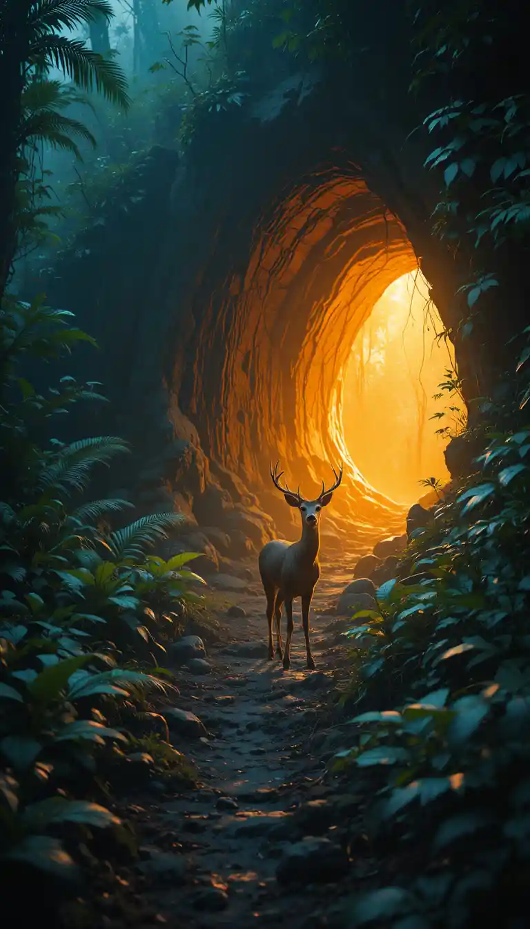 Frightened Deer By Glowing Cave In Dense Jungle