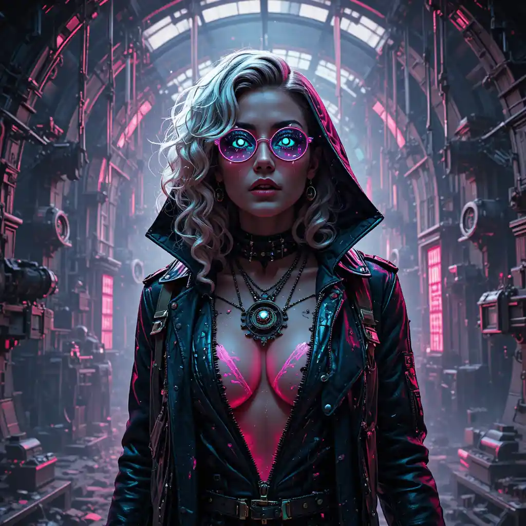 Cyberpunk femme fatale in shattered time engine hall