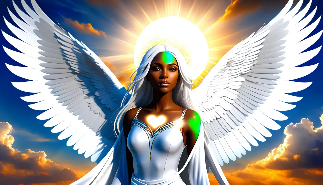 Ethereal angelic woman with white wings in heavenly light