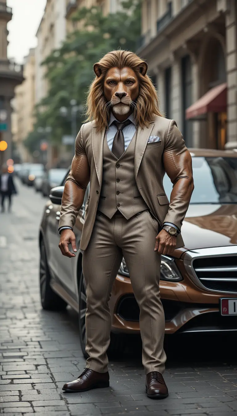Anthropomorphic lion businessman beside luxury car in city street