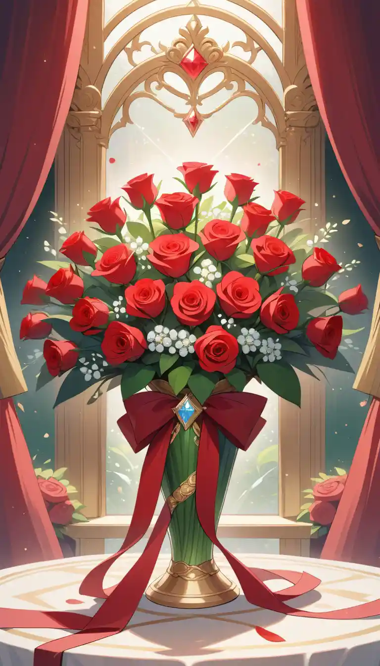 Elegant red rose bouquet with gold and diamond accents