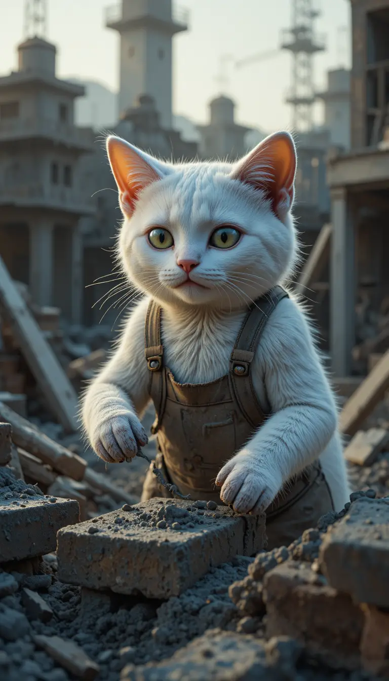 White cat working hard at a busy construction site