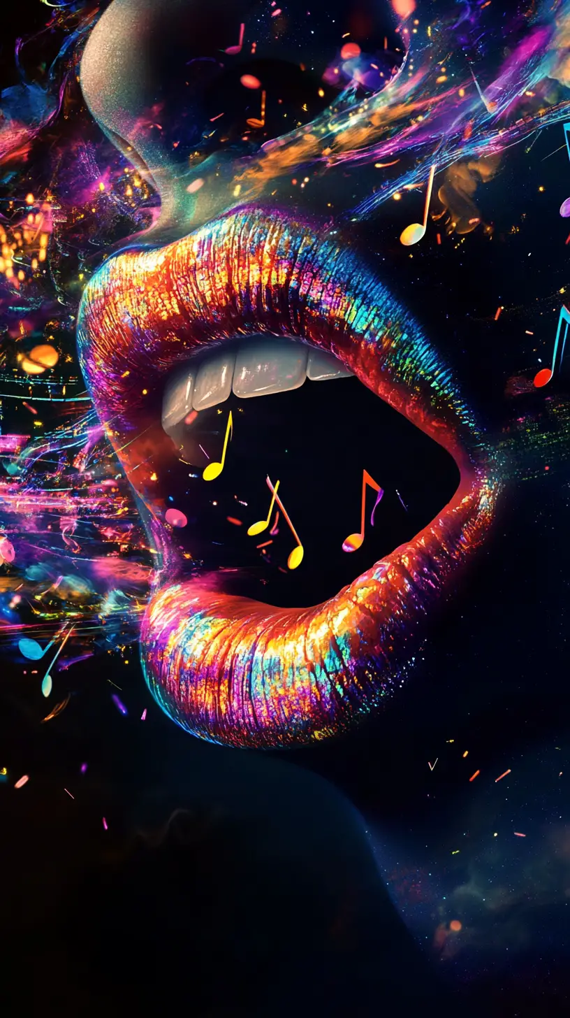 Notas musicales surrealistas escapando de unos labios coloridos en movimiento