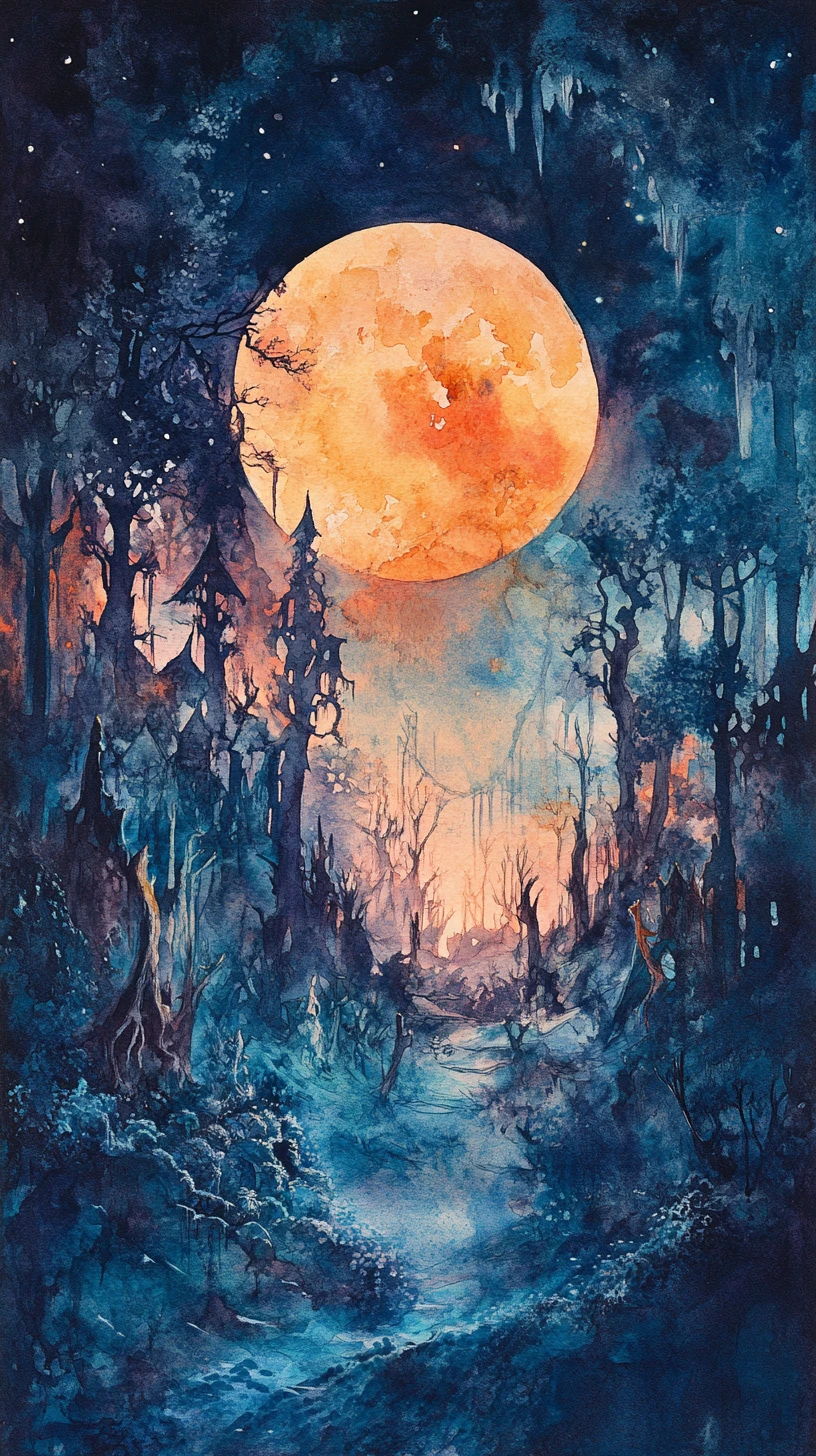 夜の水彩で描く神秘的なおとぎ話のシーン