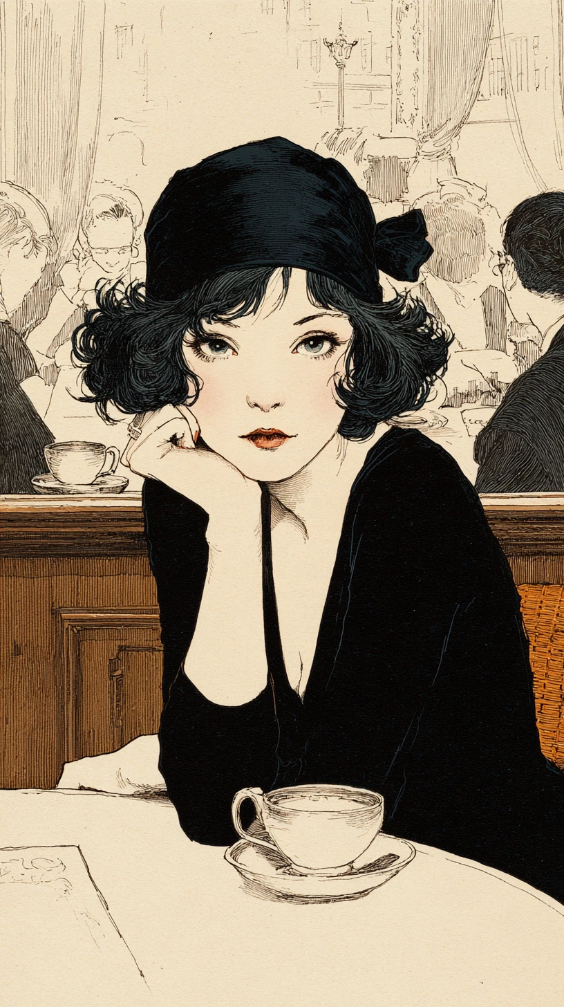 Elegante donna degli anni ’20 in un caffè parigino in bianco e nero vintage