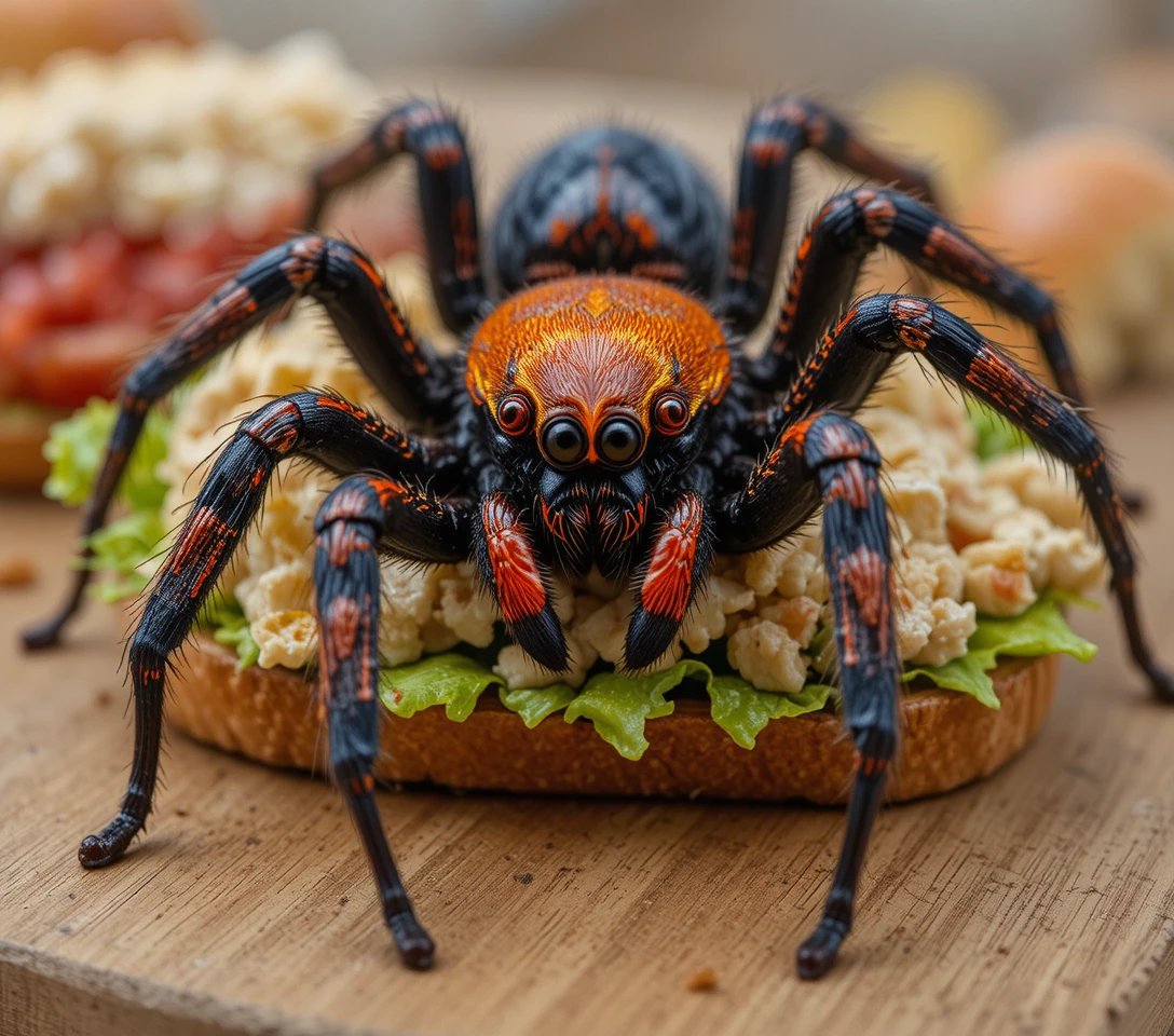 Close up of a hairy spider in a chicken salad sandwich