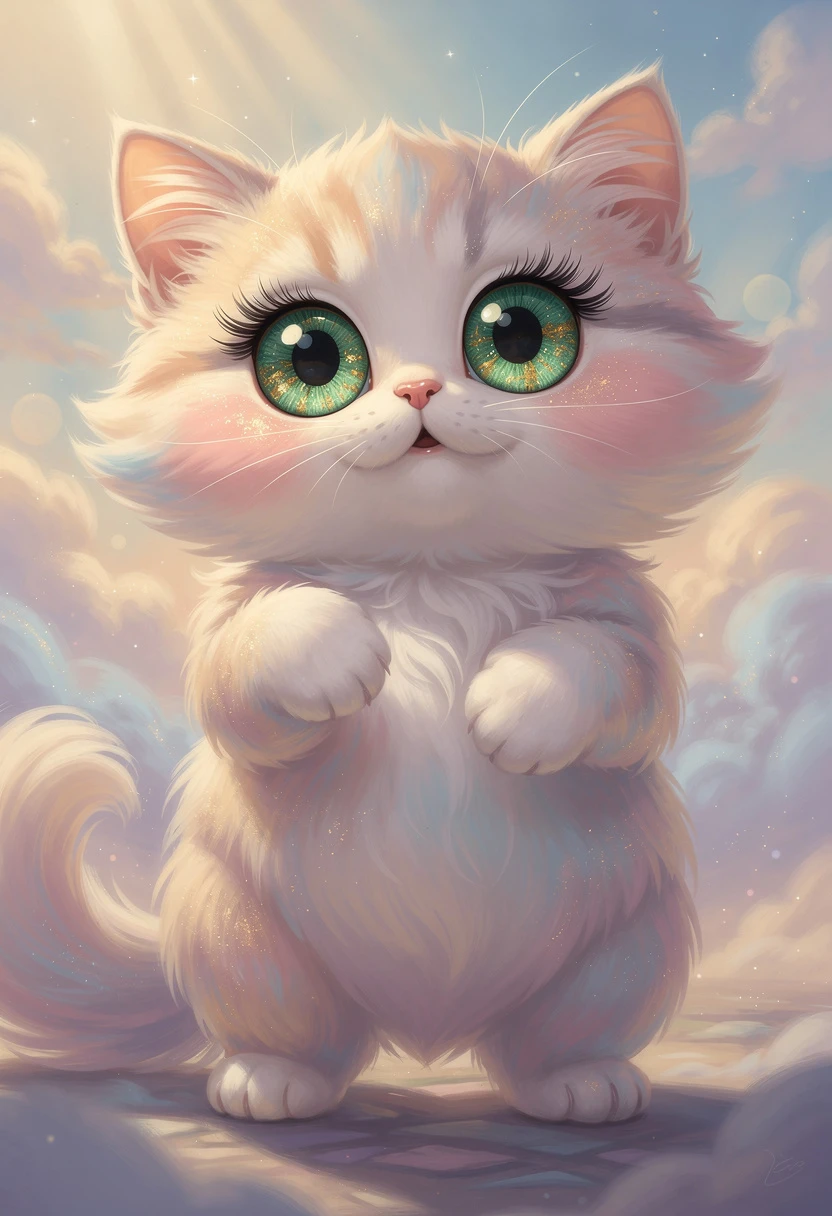 Fluffy pastel cat standing upright with huge green eyes