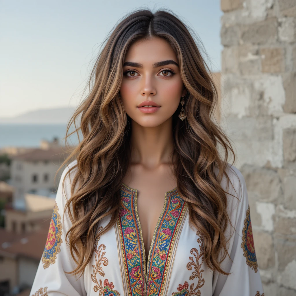 Middle Eastern woman in traditional dress with wavy highlighted hair