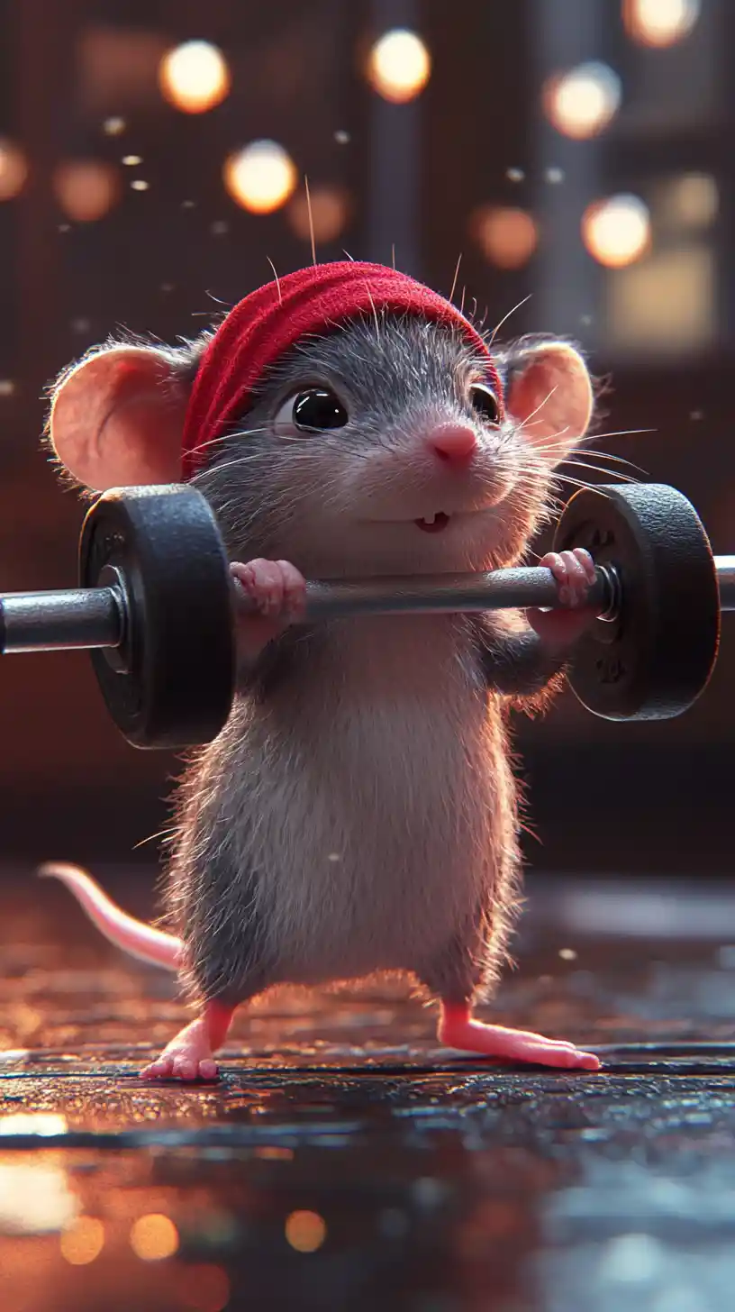 Ratón decidido levantando una diminuta mancuerna en primer plano