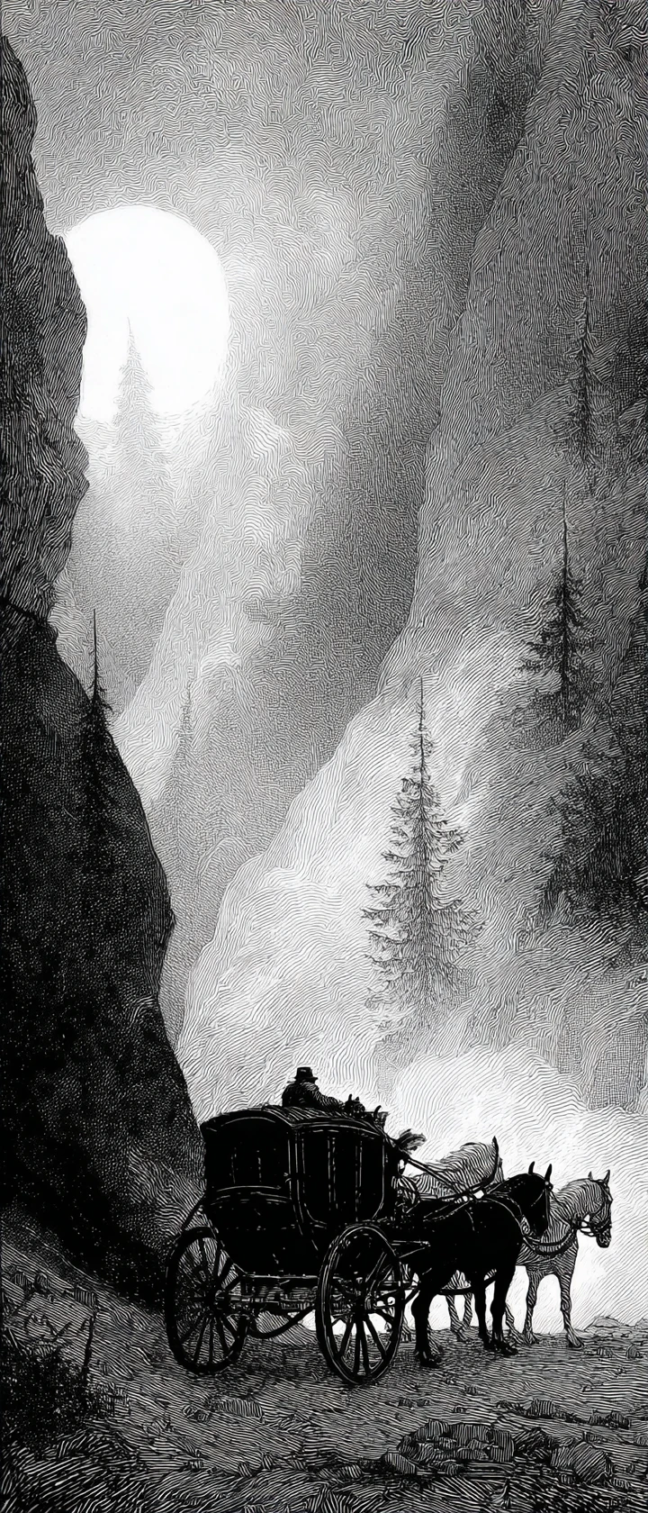 Calèche fantomatique traversant un col alpin brumeux