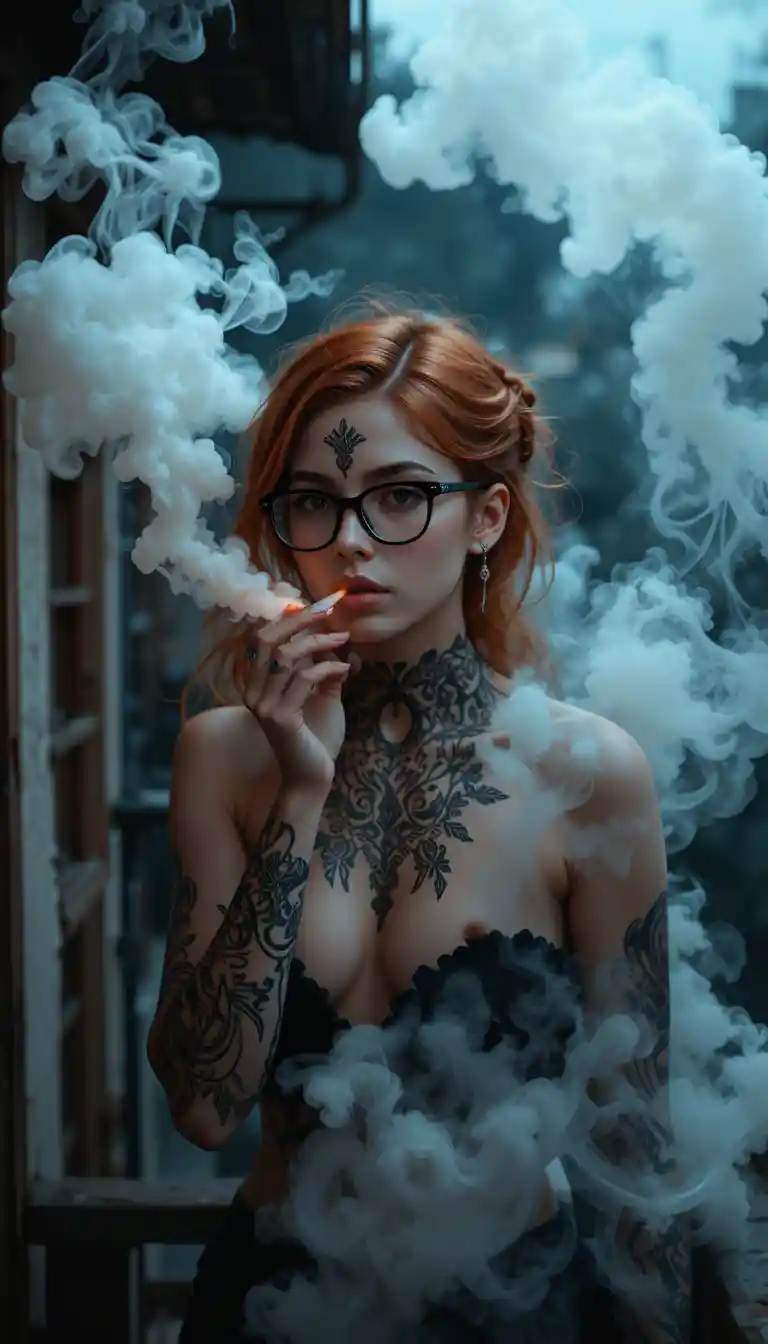 Jeune fille aux cheveux roux fumant sur un balcon urbain