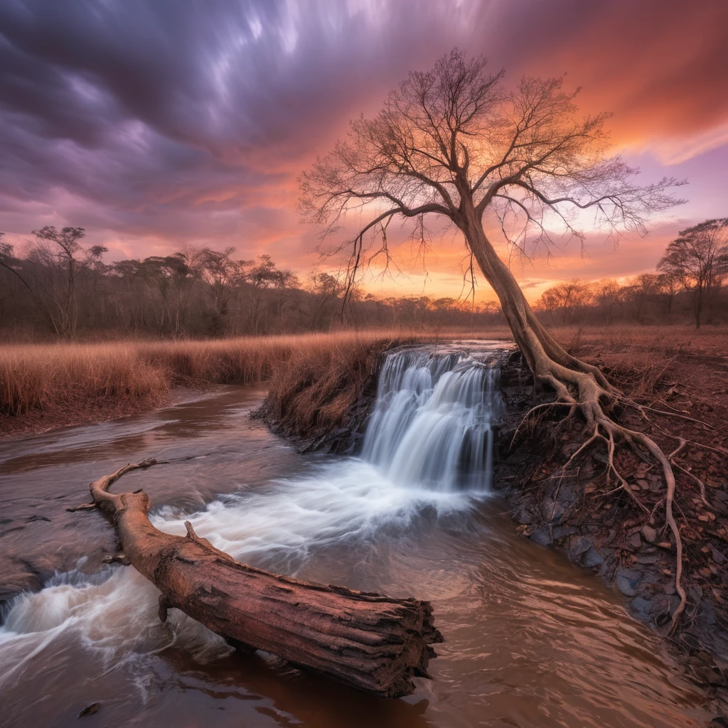 Kleiner Wasserfall am Orinoco bei ruhigem Sonnenuntergang