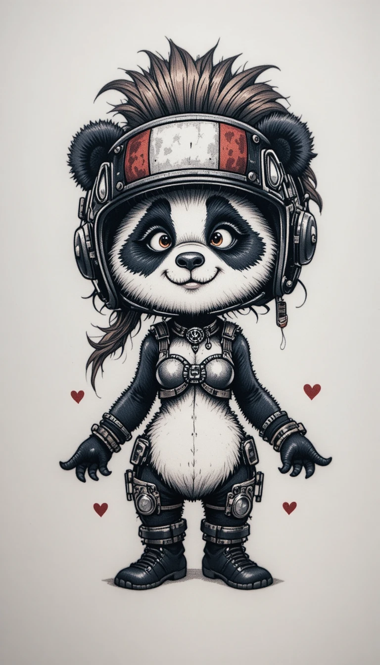 Panda motorista juguetona en dibujo animado en blanco y negro simple
