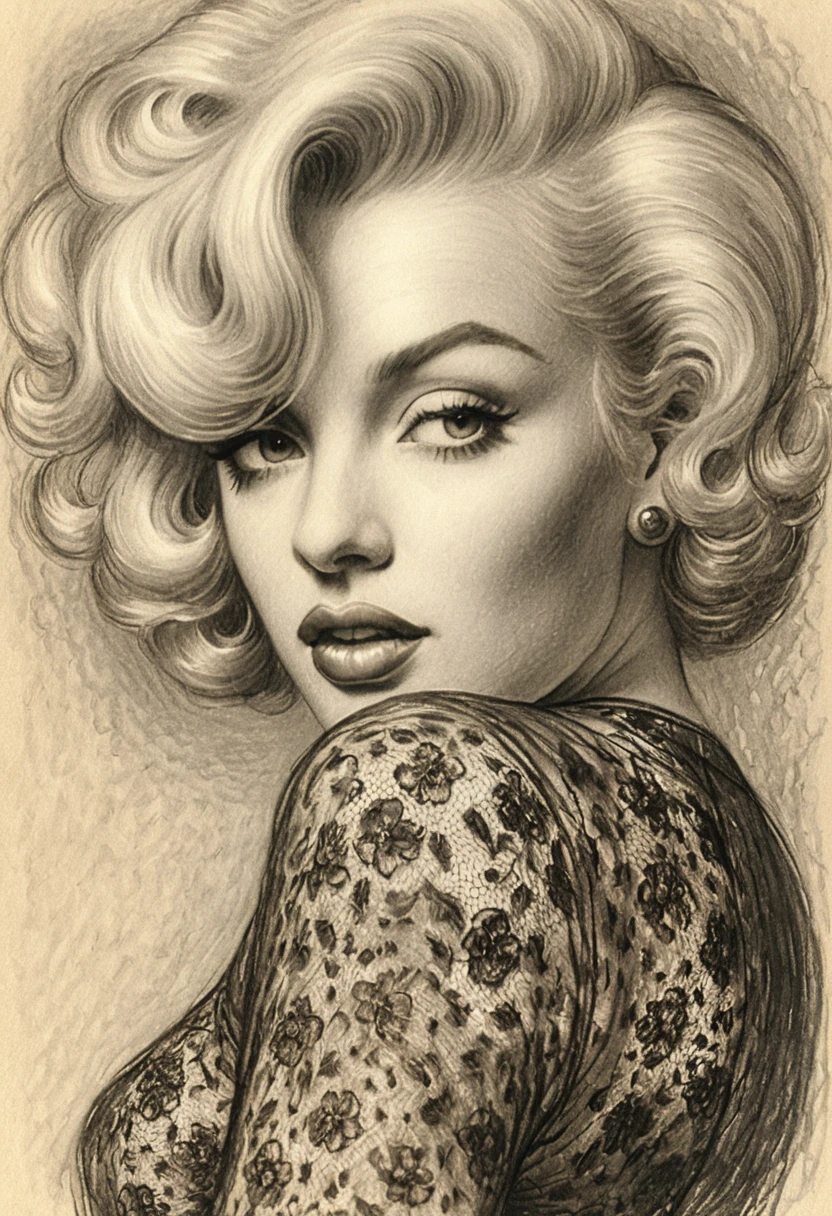 Sensual charcoal bust portrait of a vintage Hollywood woman